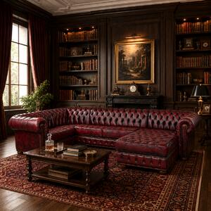 Divano Chesterfield Angolare con Chaise Longue - Pelle Primo Fiore Premium - Design Iconico