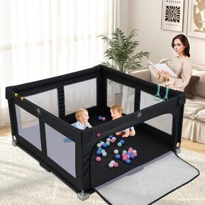 Costway Box pieghevole per bambini e tappetini da gioco set 2 pz, Recinto per bambini e tappetino attività patchwork per bambini Blu