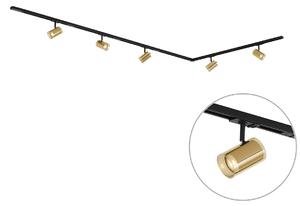 Sistema di illuminazione a binario moderno nero con 5 faretti dorati monofase - Iconic Lloyd