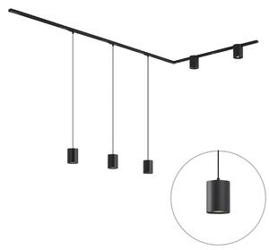 Sistema di illuminazione a binario moderno nero con 3 luci a sospensione e 2 faretti monofase - Iconic Holt Rondoo Up