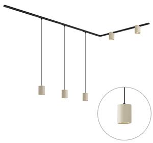 Sistema di illuminazione a binario moderno nero con 3 luci a sospensione e 2 faretti beige monofase - Iconic Holt Rondoo Up