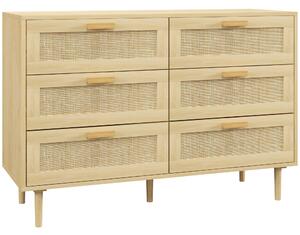 HOMCOM Cassettiera 6 Cassetti in Rattan con Gambe in Legno, Settimino per Soggiorno e Camera da Letto, 110x40x75 cm, Legno Naturale | Aosom Italy