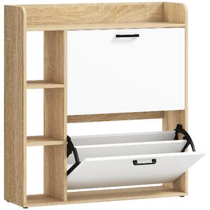 HOMCOM Scarpiera Slim con 2 Cassetti Ribaltabili e 3 Vani Aperti, Capacità 15 Scarpe, 83x24x90.5 cm, Color Legno e Bianco | Aosom Italy