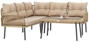 Outsunny Salotto da Giardino in Rattan 2 Divanetti e Poltrona Angolare con Cuscini, Tavolino in Vetro, Colore Legno