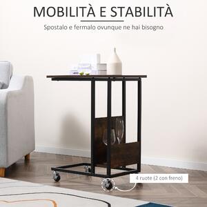 HOMCOM Tavolino da Salotto e Comodino Design a C con Ripiano Laterale e 4 Ruote in Metallo Nero e Marrone Rustico, 55x35x69cm