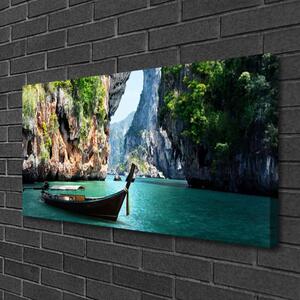 Quadro su tela Paesaggio della roccia del lago della barca 100x50 cm