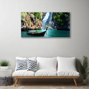 Quadro su tela Paesaggio della roccia del lago della barca 100x50 cm