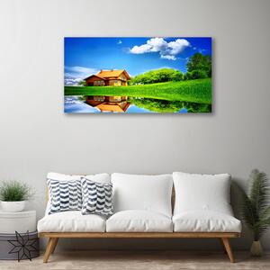 Stampa quadro su tela Casa Lago Erba Natura 100x50 cm