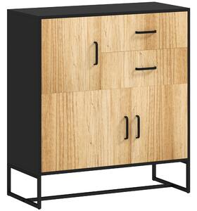 HOMCOM Credenza Moderna con 3 Armadietti e 2 Cassetti, in Truciolato e Acciaio, 80x35x88 cm, Nero e color Legno