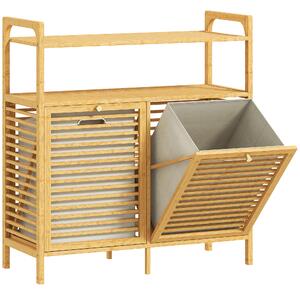 HOMCOM Mobile Portabiancheria con 2 Cesti da 41L e 2 Ripiani, in Bambù e Poliestere, 82x33x88 cm, color Legno e Crema | Aosom Italy