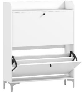 HOMCOM Mobile Scarpiera Slim con 2 Cassetti a Ribalta e Ripiani Regolabili, in Legno e Metallo, 80x24x101 cm, Bianco | Aosom Italy