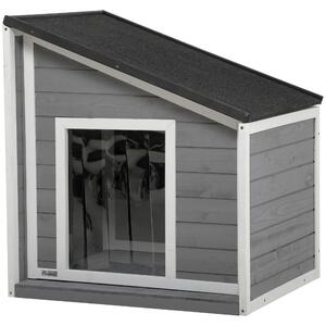 PawHut Cuccia per cani resistente alle intemperie con tetto in asfalto, in legno massello, 71x58x77 cm, Grigio e Bianco | Aosom Italy