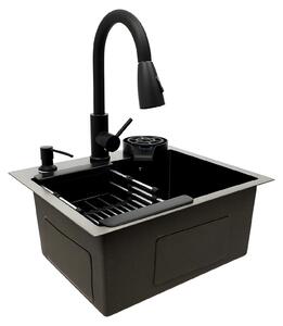 Lavello da cucina, rubinetto estraibile, pulisci bicchieri, nero