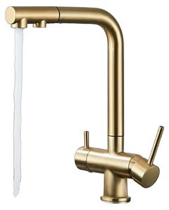 Rubinetto da cucina con filtro e possibilità di utilizzare l'acqua del rubinetto, erogatore estraibile, finitura dorata