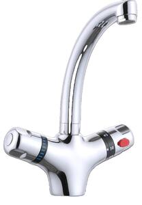 Rubinetto da cucina, a due manopole, miscelatore termostatico, argento