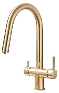 Miscelatore da cucina, materiale: ottone, due manopole, finitura dorata spazzolata