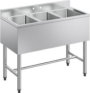 Lavello in acciaio inox - Lavello da cucina a 3 vasche - Con paraspruzzi - Scarico rapido - Dimensioni 97,8 x 47 x 83,8 cm - Per ristorazione, furgoni gastronomia e uso domestico - Argento