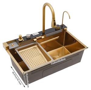 Lavello da cucina, rubinetto estraibile, diverse modalità di erogazione dell'acqua, finitura dorata