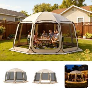 Gazebo pieghevole - Tenda pop-up - Dimensioni: 4,57 x 4,21 x 2,45 m - Per 12-15 persone - Pareti laterali in rete - Borsa per il trasporto e picchetti - Per giardino e terrazza - Beige