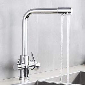 Rubinetto da cucina con filtro - Miscelatore da cucina a 3 vie - Doppio beccuccio (acqua potabile + calda/fredda) - A due manopole, monoforo - Orientabile a 360° - Corpo in ottone, cartuccia in Vetroceramica - Cromo