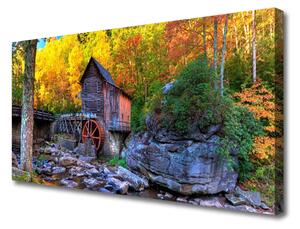 Quadro su tela Mulino ad acqua della foresta d'autunno 100x50 cm