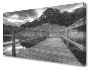 Foto quadro su tela Molo del lago in bianco e nero 100x50 cm