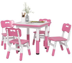 AIYAPLAY Set Tavolo e Sedie per Bambini 5pz con 4 Sedie Regolabili 32x36x52.5-56 cm e Tavolo 60x60x46-58 cm, Rosa