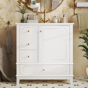 Mobiletti sotto lavabo con lavabo in Vetroceramica, dimensioni 76,5x47x87,5 cm, mobiletto bagno bianco con spazio contenitivo, cassetti, vano porta e maniglie in metallo dorato