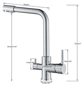 Miscelatore per lavello da cucina, con due manopole, filtro integrato, bocchetta girevole a 360°, installazione su foro singolo, per acqua calda e fredda, montaggio su piano di lavoro, realizzato in ottone, finitura cromata
