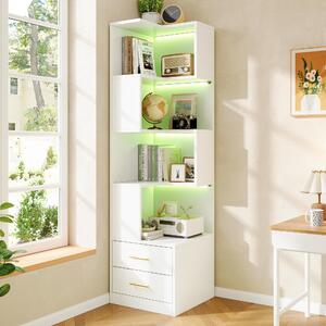 Libreria angolare bianca con illuminazione a LED, dimensioni 165x45x45 cm, 4 ripiani e 2 cassetti, ideale per soggiorno, camera da letto e studio
