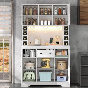 Mobiletto buffet da cucina con scaffale per vino, dimensioni 105x40x180 cm, mobile da cucina in MDF bianco con illuminazione a LED e prese di corrente, ideale per cucina e sala da pranzo