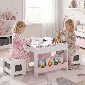 Costway Tavolino 3 in 1 ergonomico cassetto tessuto e lavagna rimovibile, Set tavolo e sedie in legno per bambini 3+ camera soggiorno Rosa e Bianco