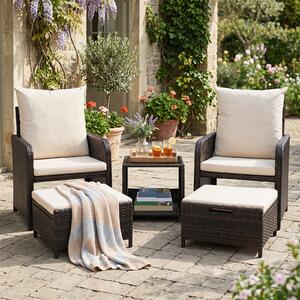 Costway Salotto esterno rattan 5 pz con tavolino vetro e 2 poltrone e 2 pouf, Set giardino per terrazzo balcone piscina beige