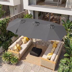 Costway Ombrellone da giardino doppio 108 luci led solari 12 modalità 3 prese d'aria manovella e base, Ombrellone da esterno con 12 stecche Grigio