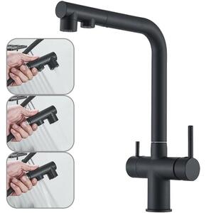 Miscelatore per lavello da cucina - 3 in 1 con filtro dell'acqua - Doccetta estraibile - Due maniglie - Girevole a 360° - Installazione monoblocco - Nero opaco