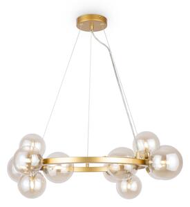 Lampadario Contemporaneo Dallas Metallo Oro 11 Luci Diffusori Vetro Cognac