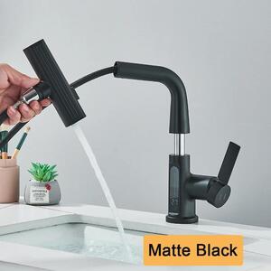 Miscelatore da cucina a cascata – Miscelatore estraibile da montare a parete – Display digitale della temperatura – Miscelatore per acqua calda e fredda – Ottone – Nero