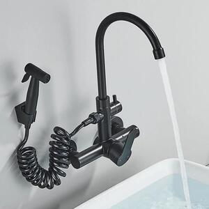 Miscelatore da cucina da montare a parete - 2 fori - Acciaio inossidabile SUS304 - Bocchetta girevole a 360° - Acqua calda e fredda - Finitura nera spazzolata