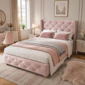 Letto imbottito 90x200 cm, color rosa, con rete a listelli, testiera e rivestimento in velluto, ideale per la camera da letto