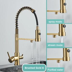 Rubinetto da cucina con filtro dell'acqua - Miscelatore per lavello - Bocchetta estraibile e rotante a 360° - 2 maniglie per acqua calda/fredda - Montaggio su foro singolo - Finitura oro spazzolato