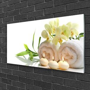 Quadro su vetro Asciugamani Spa Candele Orchidea 100x50 cm