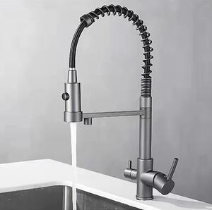 Miscelatore per lavello da cucina, con filtro dell'acqua, a due maniglie, rotazione a 360°, doccetta estraibile, per acqua calda e fredda, colore grigio gunmetal