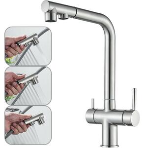 Miscelatore per lavello da cucina con filtro dell'acqua - Miscelatore multifunzione 3-in-1 - Doccetta estraibile - 2 manopole per acqua fredda e calda - Rotazione a 360° - Installazione monoblocco - Finitura in nichel spazzolato