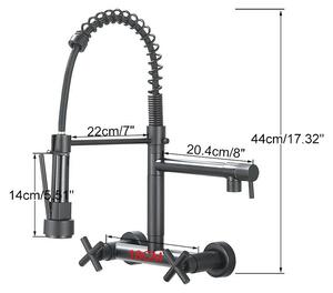 Miscelatore per lavello da cucina – Montaggio a parete – Girevole a 360° – Miscelatore a due manopole – Doccetta laterale – Adatto per acqua calda e fredda – Nero con supporto