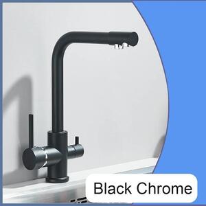 Miscelatore per cucina con filtro dell'acqua - Miscelatore a due manopole - Acqua calda e fredda - Bocchetta girevole a 360° - Installazione su foro singolo - Nero cromato