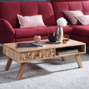 FineBuy Tavolino da caffè in legno massiccio di acacia 95cm - Tavolo da soggiorno con cassetto e ripiano Tavolo da divano fatto a mano con frontale 3D dal design moderno e retrò