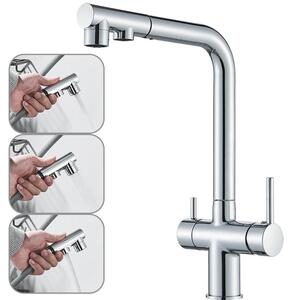 Miscelatore per cucina - Filtro dell'acqua 3-in-1 - Doccetta estraibile - A due manopole - Per acqua potabile - Rotazione a 360° - Montaggio su foro singolo - Cromato