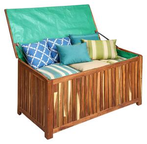 Relaxdays, scatola da giardino, cuscino per seduta, attrezzi, 60x90x50 cm, legno di acacia, rivestimento impermeabile, ideale per balcone, cassetta da giardino, colore naturale