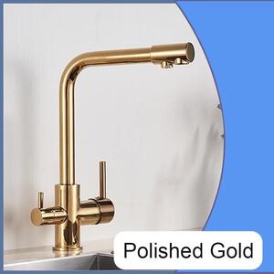 Rubinetto da cucina con filtro dell'acqua - Miscelatore a due manopole - Installazione monoblocco - Bocchetta girevole a 360° - Realizzato in ottone per acqua calda e fredda - Finitura dorata lucida
