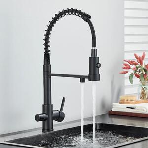 Miscelatore per cucina con filtro dell'acqua - Modello SA803. Miscelatore per lavello con bocca girevole a 360° e estensibile. Due manopole per l'acqua calda e fredda. Installazione su piano con foro singolo. Finitura: nero opaco